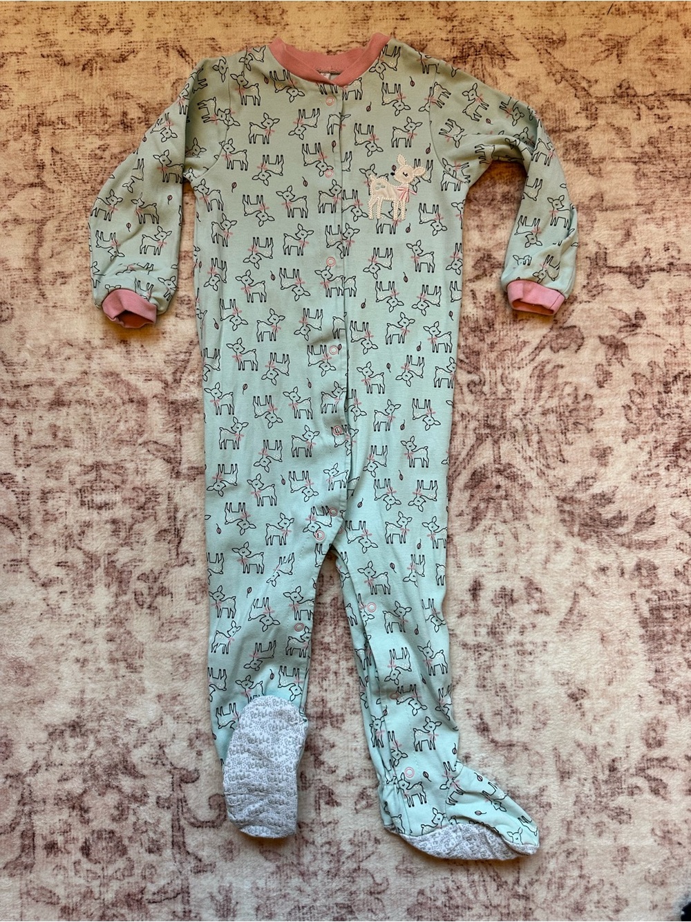 24 Months Teal Pekkle Deer-Print One-Piece Pajamas with Pink Trim Snaps